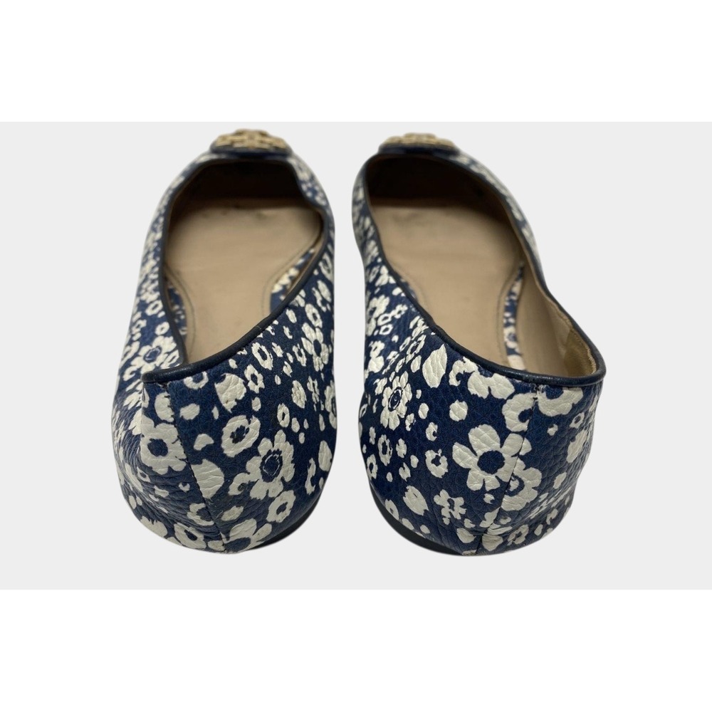 Tory Burch Reva Ballet Flats Womens 8 Navy White Floral Leather Gold Logo Good - Picture 2 of 15